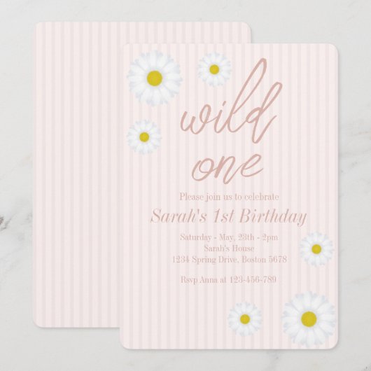 Roze stripes, Daisy 1st Birthday Party Wild One Kaart (Voorkant / Achterkant)