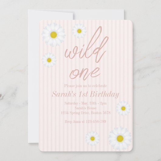 Roze stripes, Daisy 1st Birthday Party Wild One Kaart (Voorkant)