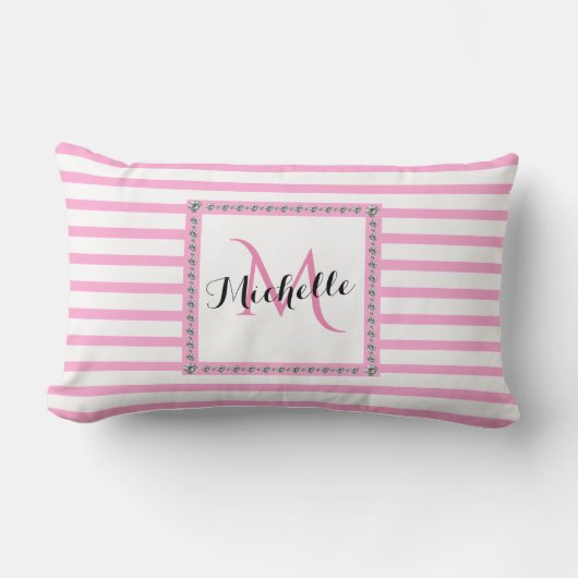 Roze Stripes Diamond Monogram | Baby Lumbar Pillow Kussen (Voorkant)