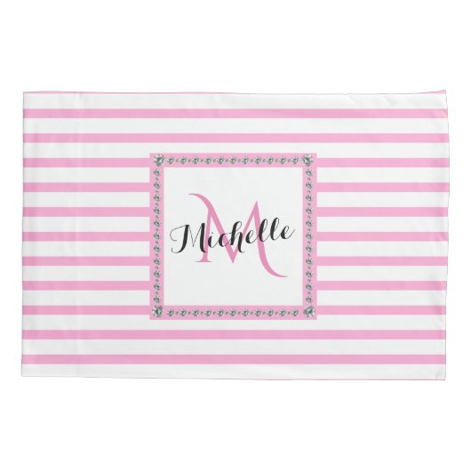 Roze Stripes Diamond Monogram | Modern Trendy Kussensloop (Achterkant)