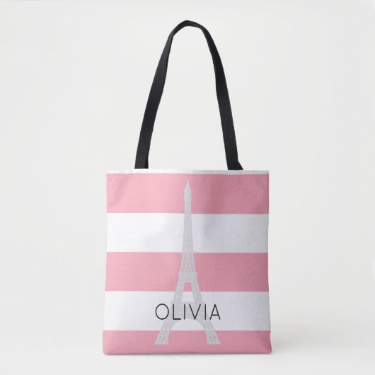 Roze stripes Eiffeltoren | Aangepaste naam Tote Bag (Voorkant)