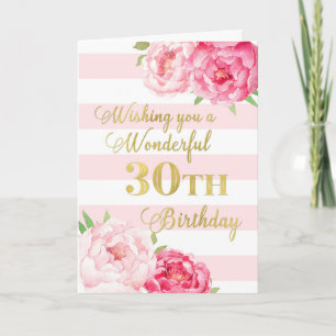 Roze Stripes en Flowers Happy 30th Birthday Card Kaart