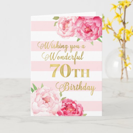 Roze stripes en Flowers Happy 70th Birthday Card Kaart (Gele Bloem)