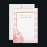 Roze stripes en pony Advice for the Bride Advieskaart<br><div class="desc">Deze elegante, kic vrijgezellenfeest gamekaart is voorzien van een roze en witte strepen waterverf en een faux gouden lijst in het midden. Een mooie, trendy waterverf pony bloem bevindt zich in de onderste hoek, en alle tekst is in een overeenkomende roze kleur. Dit is een superstijlvolle manier om gasten hun...</div>