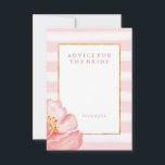 Roze stripes en pony Advice for the Bride Advieskaart<br><div class="desc">Deze elegante, kic vrijgezellenfeest gamekaart is voorzien van een roze en witte strepen waterverf en een faux gouden lijst in het midden. Een mooie, trendy waterverf pony bloem bevindt zich in de onderste hoek, en alle tekst is in een overeenkomende roze kleur. Dit is een superstijlvolle manier om gasten hun...</div>