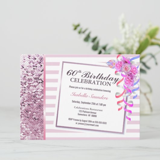 Roze Stripes en Sequins 60e verjaardag Kaart (Staand voorkant)