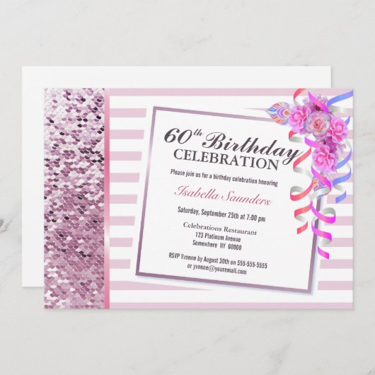 Roze Stripes en Sequins 60e verjaardag Kaart (Voorkant / Achterkant)