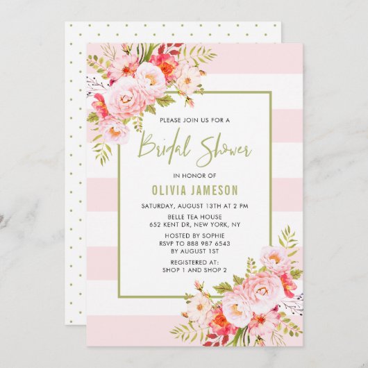 Roze Stripes Floral Bridal Shower Kaart (Voorkant / Achterkant)