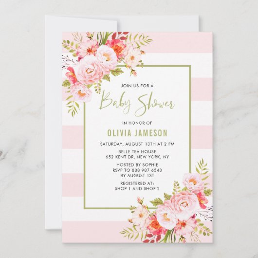 Roze Stripes Floral Bridal Shower Kaart (Voorkant)