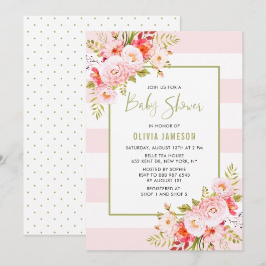 Roze Stripes Floral Bridal Shower Kaart (Voorkant / Achterkant)