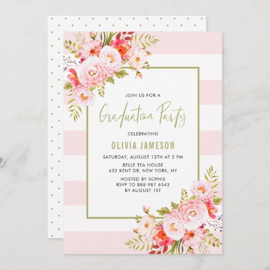 Roze Stripes Floral Gradual Party Invitation Kaart (Voorkant / Achterkant)