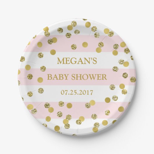 Roze stripes Gold Confetti Baby shower Bord (Voorkant)