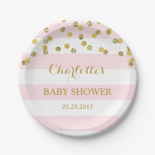 Roze stripes Gold Confetti Baby shower Bord (Voorkant)