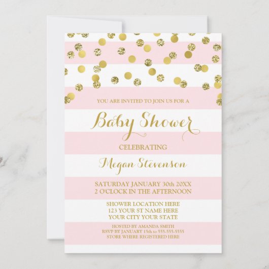 Roze Stripes Gold Confetti Baby shower Kaart (Achterkant)