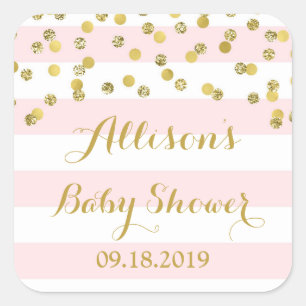 Roze stripes Gold Confetti Baby shower-tag Vierkante Sticker