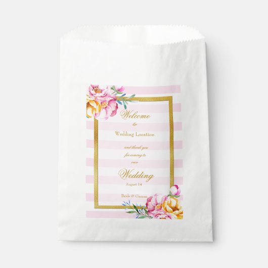 Roze Stripes Gold Lijst Flower Wedding Bedankzakje (Voorkant)