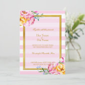 Roze Stripes Gold Lijst Flower Wedding Invitation Kaart (Staand voorkant)
