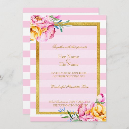 Roze Stripes Gold Lijst Flower Wedding Invitation Kaart (Voorkant / Achterkant)