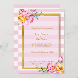 Roze Stripes Gold Lijst Flower Wedding Invitation Kaart