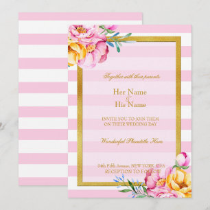 Roze Stripes Gold Lijst Flower Wedding Invitation Kaart