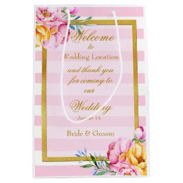Roze Stripes Gold Lijst Flower Wedding Medium Cadeauzakje