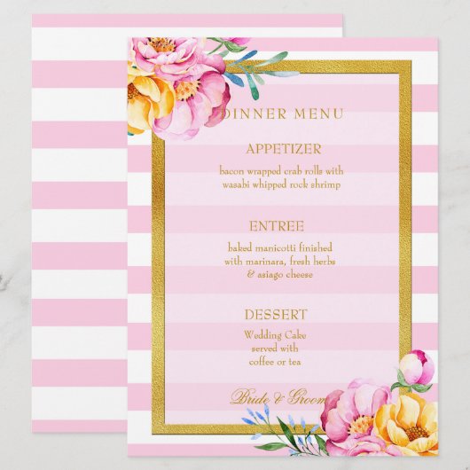 Roze Stripes Gold Lijst Flower Wedding Menu (Voorkant / Achterkant)