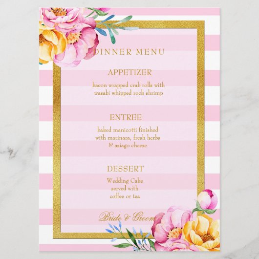 Roze Stripes Gold Lijst Flower Wedding Menu (Voorkant)