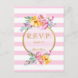 Roze Stripes Gold Lijst Flower Wedding RSVP Uitnodiging Briefkaart