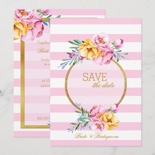 Roze Stripes Gold Lijst ventilator sparen de datum Save The Date (Voorkant / Achterkant)