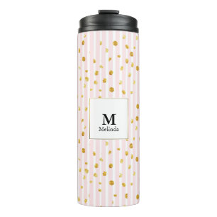 Roze stripes & Gold Polka Dots Monogram tumbler Thermosbeker