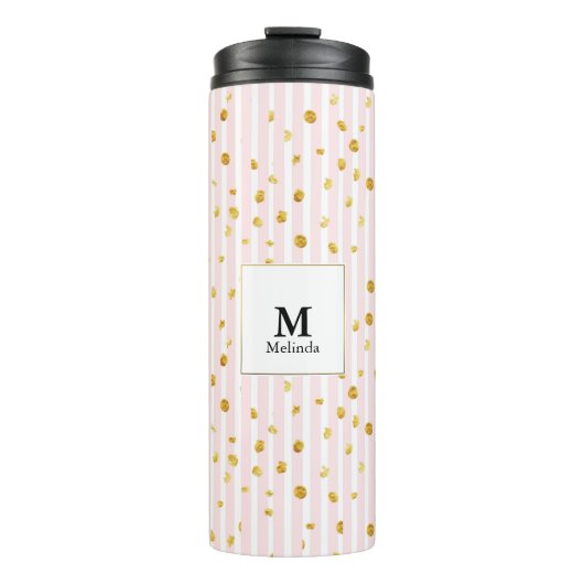 Roze stripes & Gold Polka Dots Monogram tumbler Thermosbeker (Voorkant)