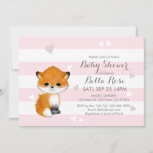 Roze Stripes Heart Fox Baby shower Invitation Kaart (Voorkant)