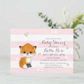 Roze Stripes Heart Fox Baby shower Invitation Kaart (Staand voorkant)