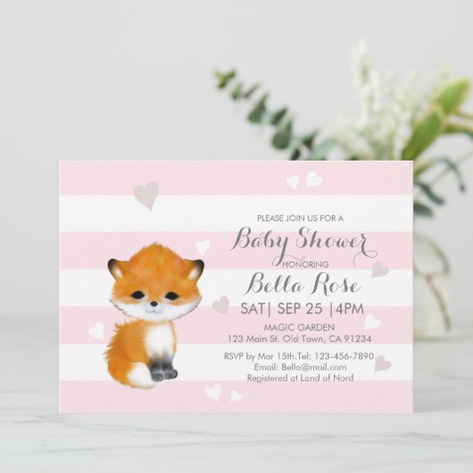 Roze Stripes Heart Fox Baby shower Invitation Kaart (Staand voorkant)