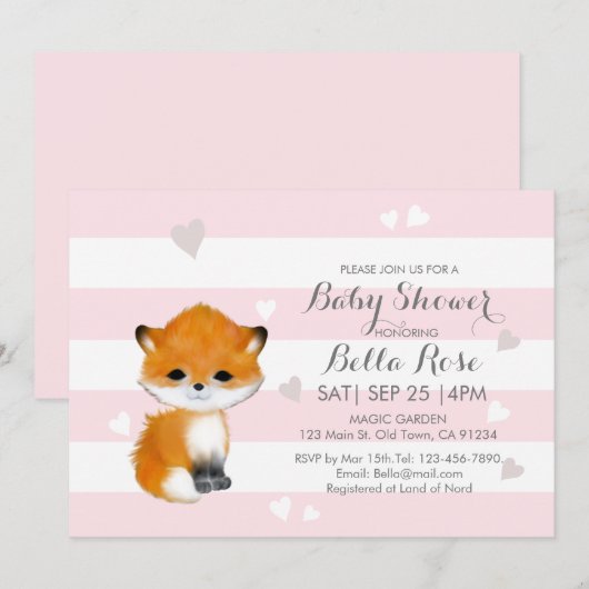 Roze Stripes Heart Fox Baby shower Invitation Kaart (Voorkant / Achterkant)