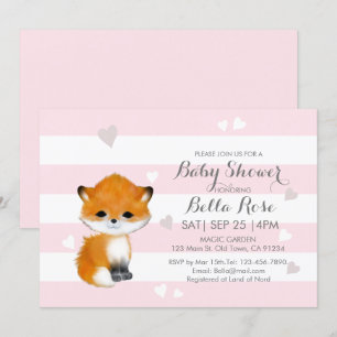 Roze Stripes Heart Fox Baby shower Invitation Kaart