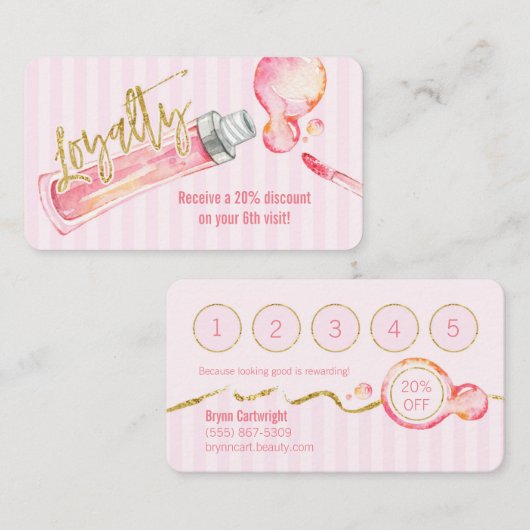 Roze Stripes Lipgloss Makeup Loyalty Card (Voorkant / Achterkant)