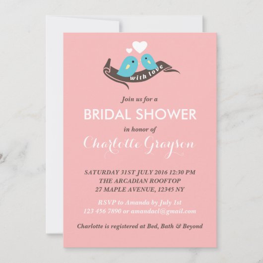 Roze stripes Lovevogels Bridal Shower Invitation Kaart (Voorkant)