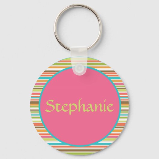 Roze stripes  naam Button Sleutelhanger (Voorkant)
