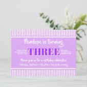 Roze Stripes Paarse derde verjaardag Kaart (Staand voorkant)