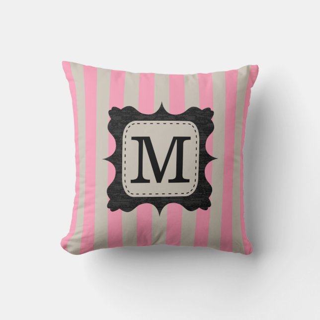  roze stripes patroon zwart, aangepast monogram kussen (Voorkant)
