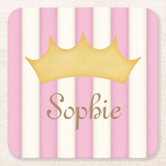 Roze Stripes Persoonlijke benaming Princess Crown Kartonnen Onderzetters (Voorkant)