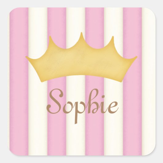 Roze Stripes Persoonlijke benaming Princess Crown Vierkante Sticker (Voorkant)