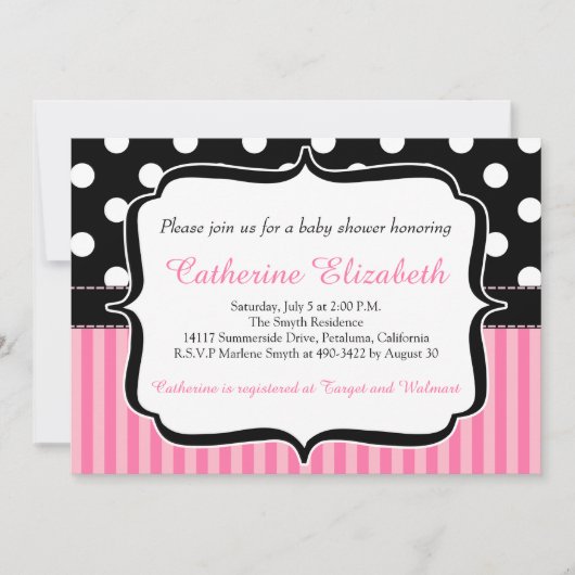 Roze stripes, Polka Dots, Baby shower Invitation Kaart (Voorkant)