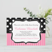 Roze stripes, Polka Dots, Baby shower Invitation Kaart (Staand voorkant)