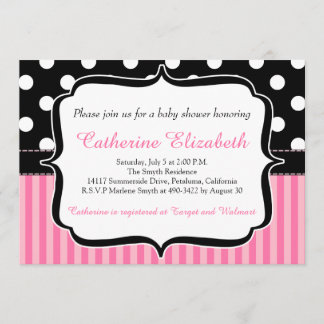 Roze stripes, Polka Dots, Baby shower Invitation Kaart