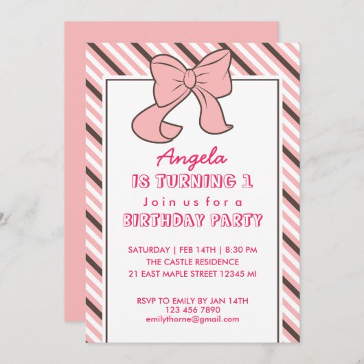 Roze Stripes Ribbon en Bow Birthday Invitation Kaart (Voorkant / Achterkant)
