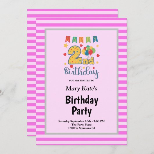 Roze Stripes, tweede verjaardag Kaart (Voorkant / Achterkant)