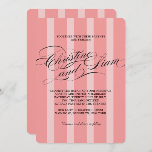 Roze Stripes Vlourish Script Wedding Invitation Kaart (Voorkant / Achterkant)