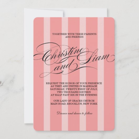 Roze Stripes Vlourish Script Wedding Invitation Kaart (Voorkant)
